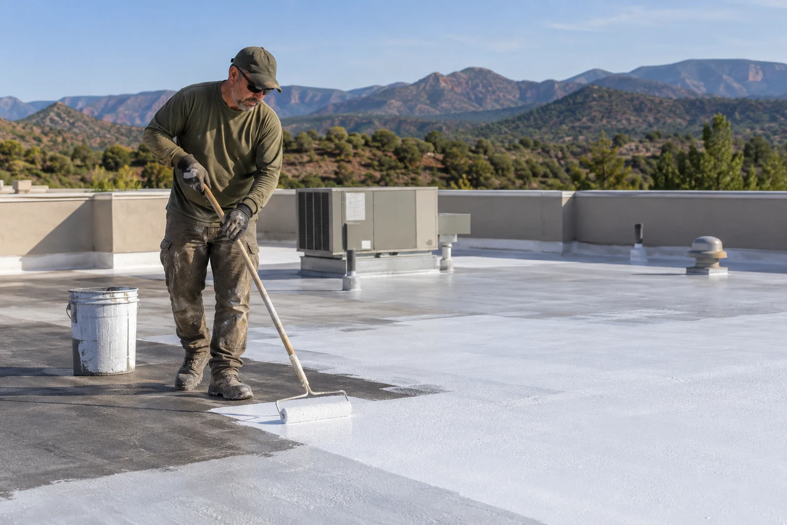 Commercial roofing worker applying a white roof coating with upland terrain beyond