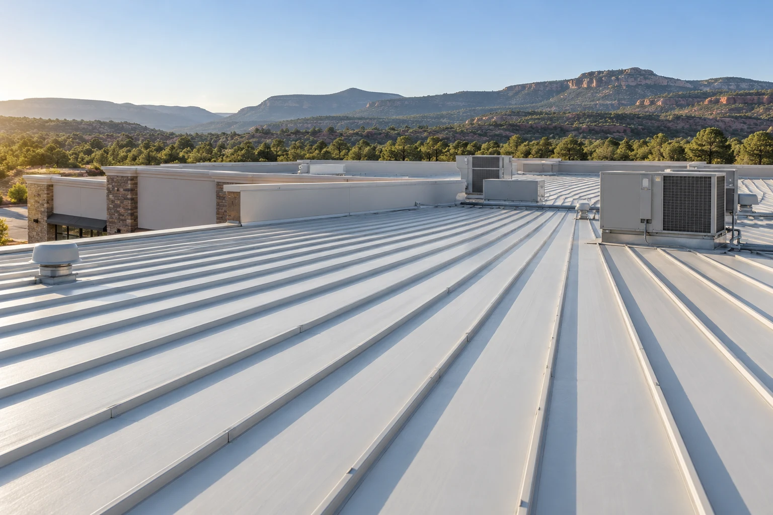 Standing-seam metal roof on a commercial building